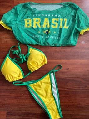 SHEIN Yellow and Green Brazil Triangle Bikini Set with Mesh Graphic Top